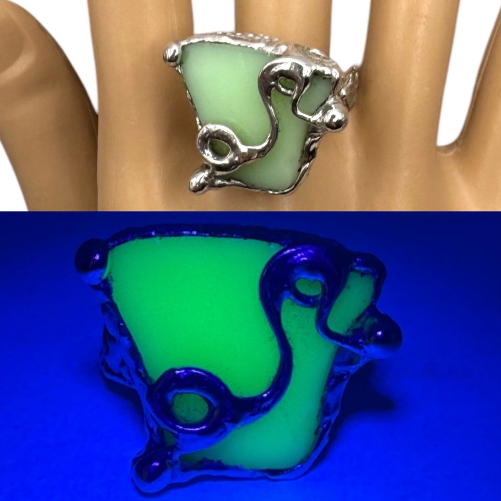 Handmade Uranium Glass Silver-Blend Statement Artisan Ring Glows With UV Light